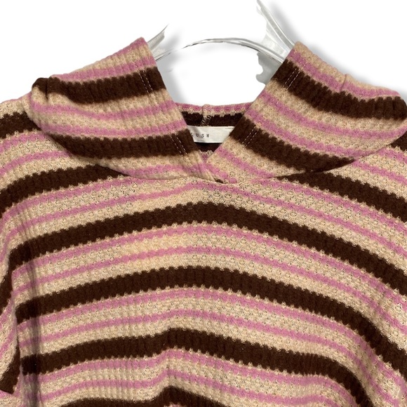 LUSH Cropped Hooded Pullover Sweater, Waffle Knit, Burgundy, Tan & Brown Stripes - Picture 5 of 13